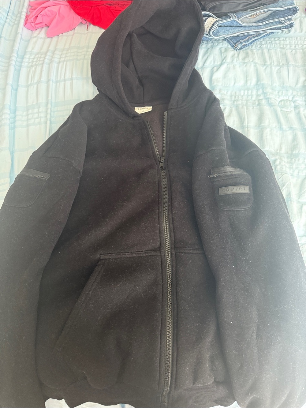 COMFRT Airplane Travel Black Hooded Zip Sweatshirt